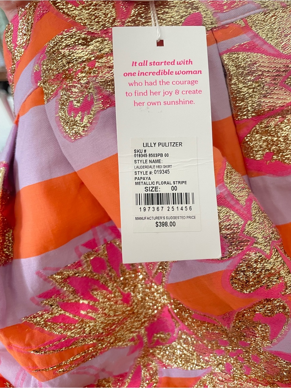 NWT Lilly Pulitzer Lauderdale Midi Skirt “Papaya Metallic Floral Stripe” Size 00 - Picture 4 of 6